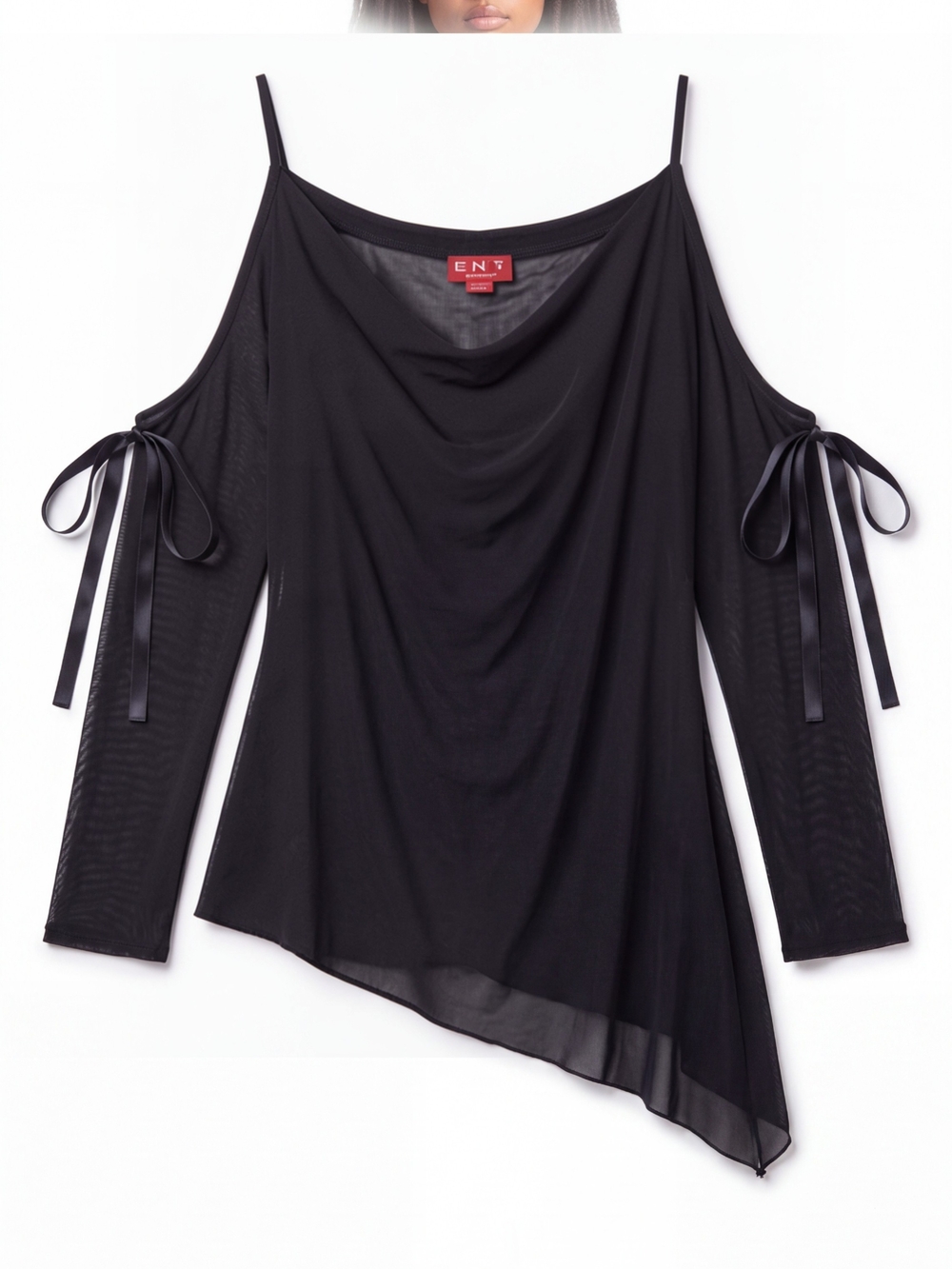 Black Cold-Shoulder Asymmetric Tie-Sleeve Top
